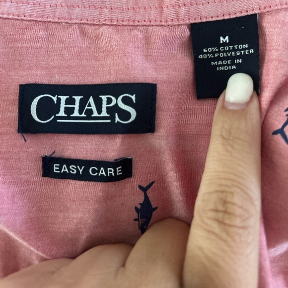 Chaps salmon colored shirt with navy shark print button up polo - Picture 2 of 2